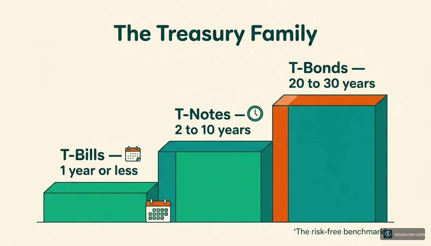 Three bars of increasing length representing Treasury bills (short), notes (medium), and bonds (long), like a ladder of maturities.