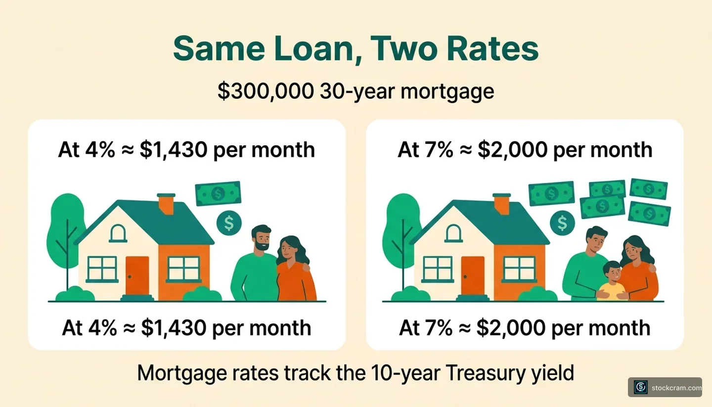 A house floating like a boat on water whose tide level rises and falls, showing Treasury yields lifting or lowering mortgage rates.